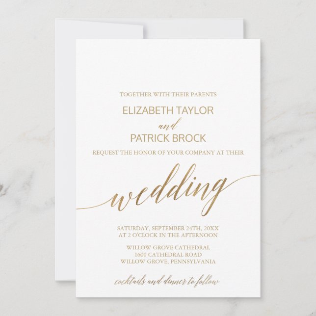 Elegant Gold Cocktails and Dinner Wedding Invitation (Front)