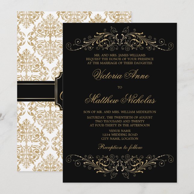 Elegant Gold Color Flourish and Damask Invitation (Front/Back)