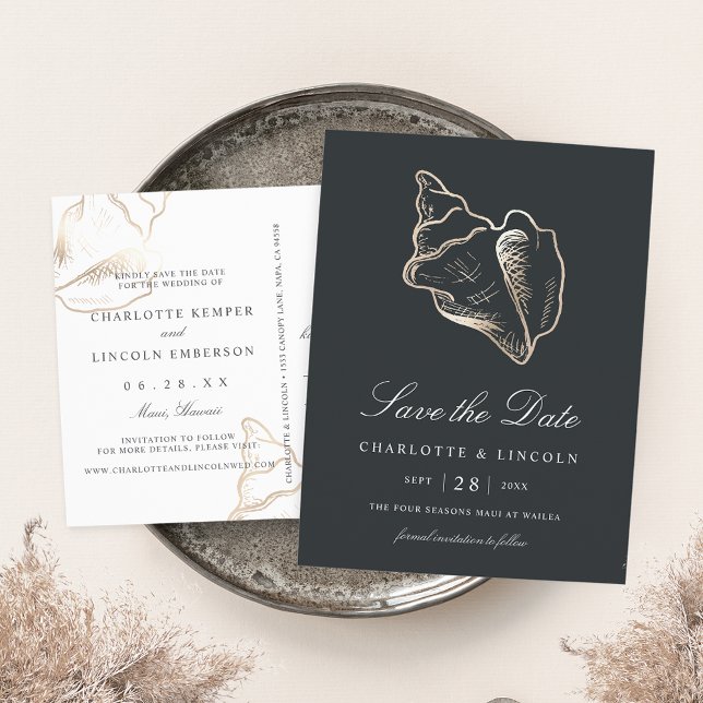 Elegant Gold Conch Shell Wedding Save the Date Announcement Postcard (Creator Uploaded)