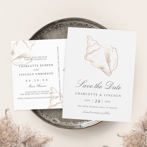 Elegant Gold Conch Shell Wedding Save the Date Announcement Postcard