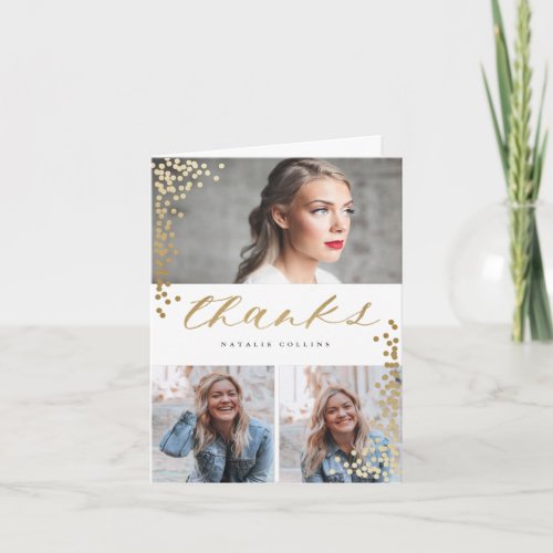 Elegant Gold Confetti 3 Photo Graduation Thank You Card