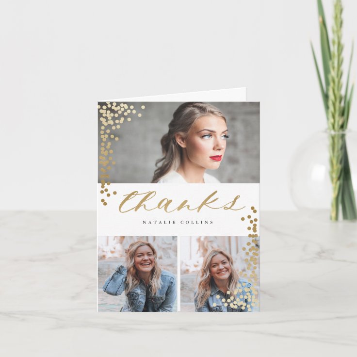 Elegant Gold Confetti 3 Photo Graduation Thank You Card | Zazzle