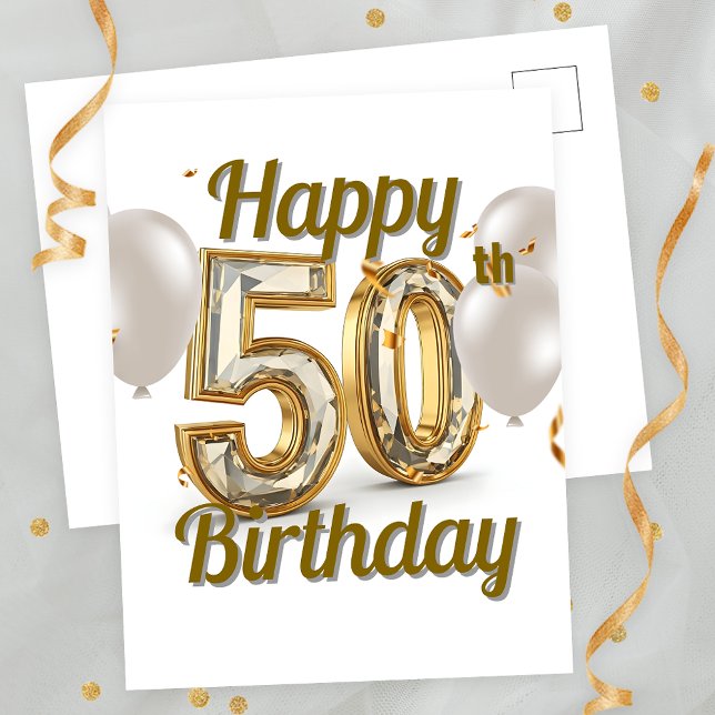 Elegant Gold Confetti and Balloons 50th Birthday  Postcard (Creator Uploaded)