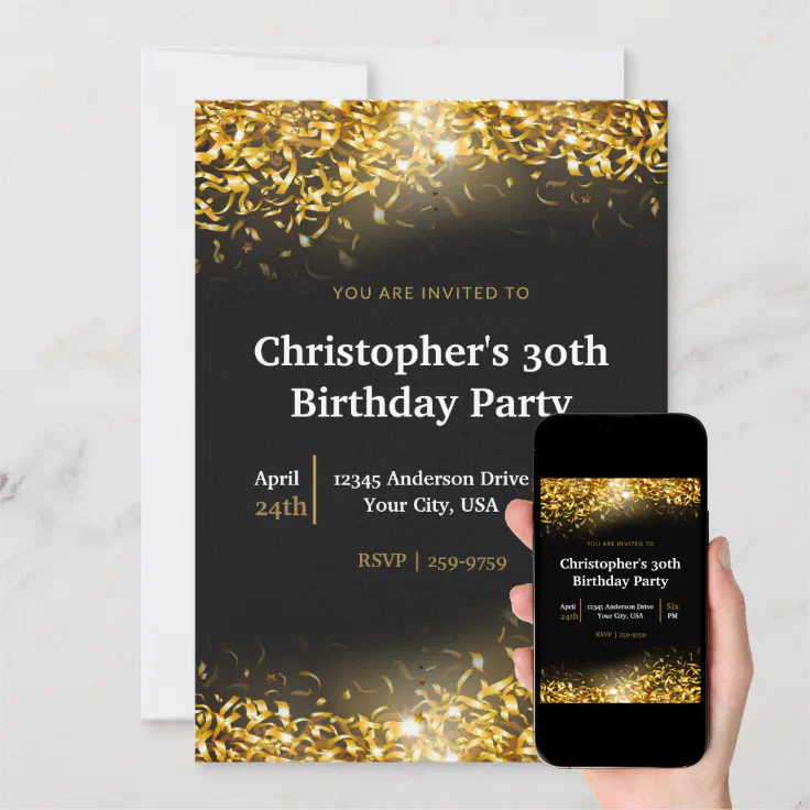 Elegant Gold Confetti Black Background Birthday Invitation Zazzle