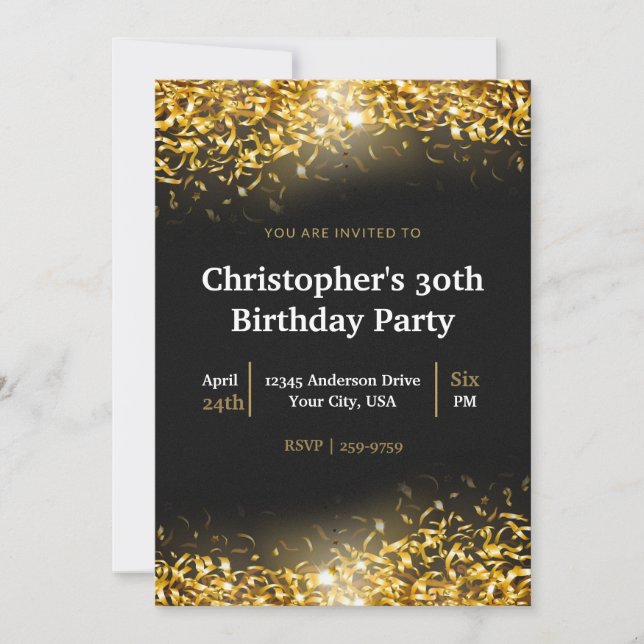 Elegant Gold Confetti Black Background | Birthday Invitation (Front)