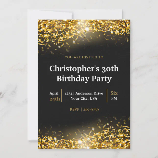 Elegant Gold Confetti Black Background | Birthday Invitation | Zazzle