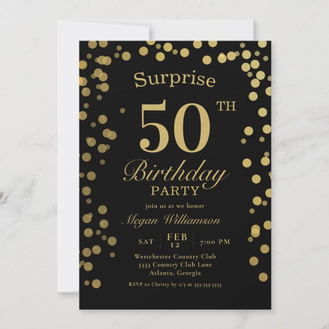Elegant Gold Confetti Black Surprise 50th Birthday Invitation (Front)