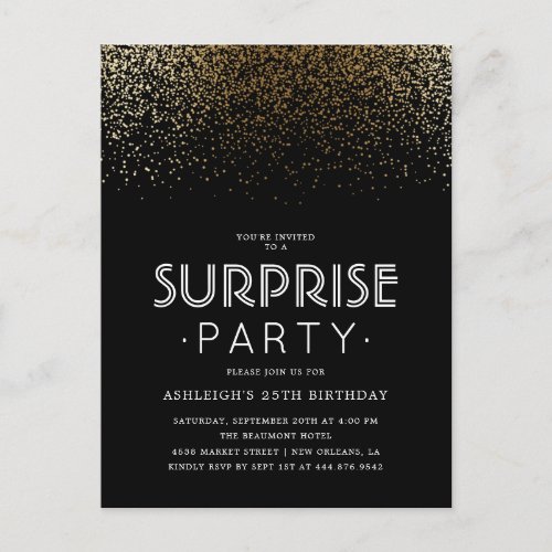 Elegant Gold Confetti  Black Surprise Party Invitation Postcard