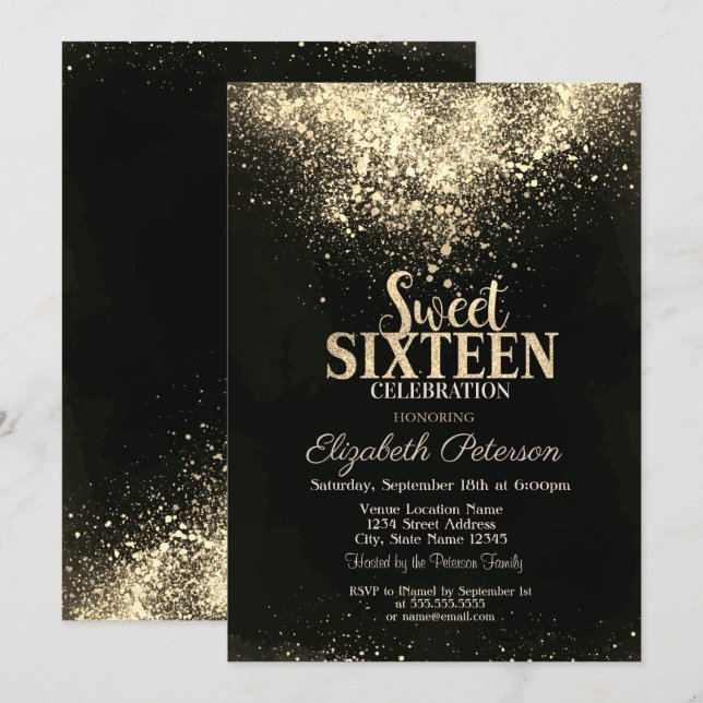 Elegant Gold Confetti,Black Sweet 16 Invitation (Front/Back)