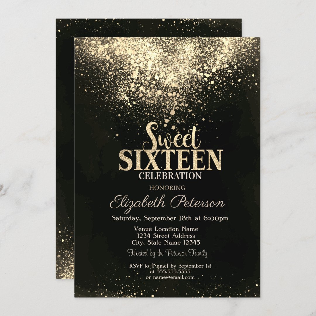 Elegant Gold Confetti,Black Sweet 16 Invitation | Zazzle