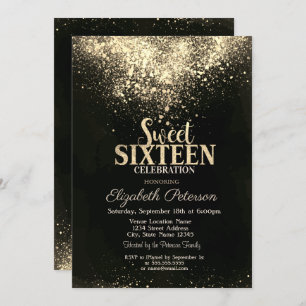 Elegant Gold Confetti,Black Sweet 16 Invitation