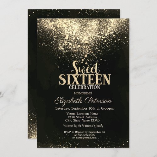 Elegant Gold ConfettiBlack Sweet 16 Invitation