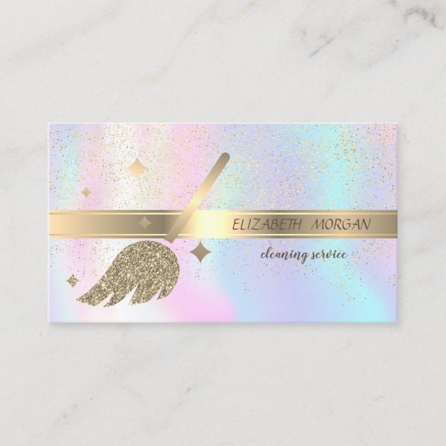 Elegant Gold Confetti,Broom,Holographic Business Card (Front)