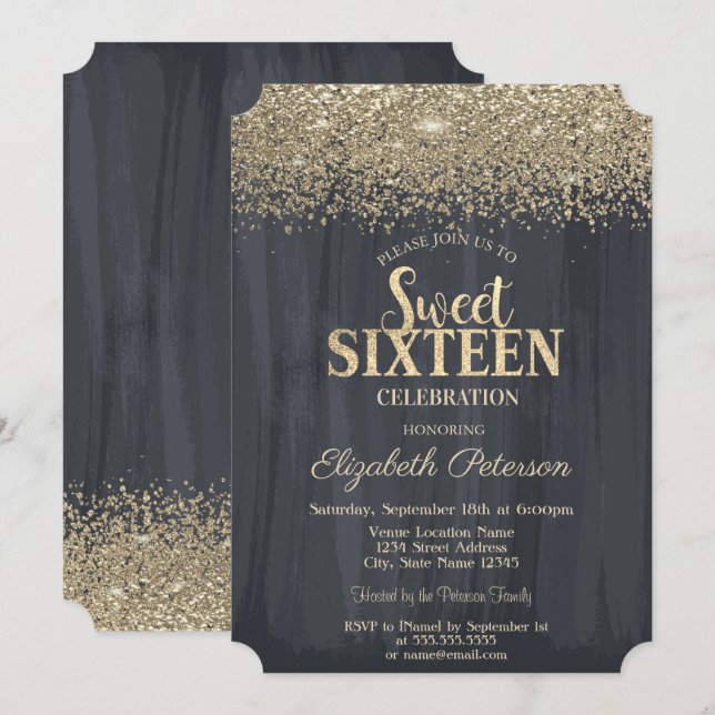 Elegant  Gold Confetti Diamonds Black  Sweet 16 Invitation (Front/Back)