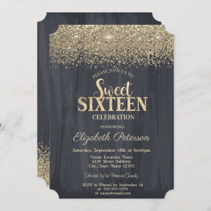 Elegant Gold Confetti Diamonds Black Sweet 16 Invitation