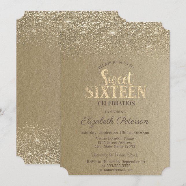Elegant  Gold Confetti Diamonds Kraft Sweet 16 Invitation (Front/Back)