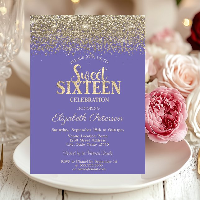 Elegant  Gold Confetti Diamonds Lavander Sweet 16 Invitation (Creator Uploaded)