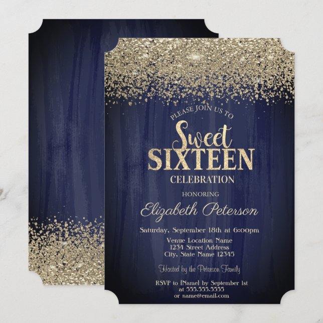 Elegant  Gold Confetti Diamonds Navy Blue Sweet 16 Invitation (Front/Back)