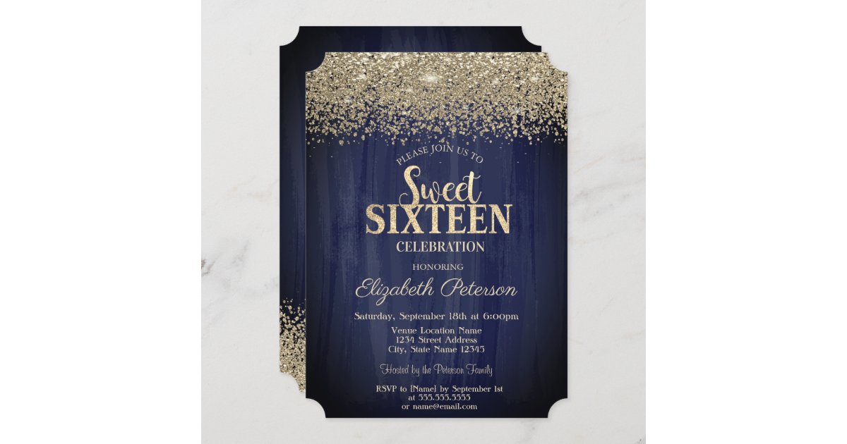 Elegant Gold Confetti Diamonds Navy Blue Sweet 16 Invitation Zazzle