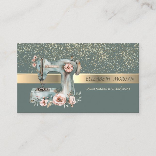 Elegant Gold Confetti,Floral Sewing Machine Green Business Card (Front)
