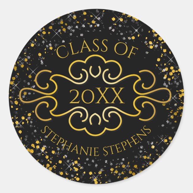 Elegant Gold Confetti Flourish Class Of 2018 Name Classic Round Sticker