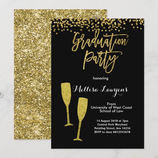 Elegant Gold Confetti Graduation Party Invitation (Front/Back)