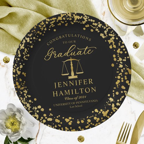 Elegant Gold Confetti Law School Graduation Black Paper Plates