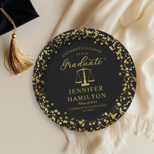 Elegant Gold Confetti Law School Graduation Black Paper Plates