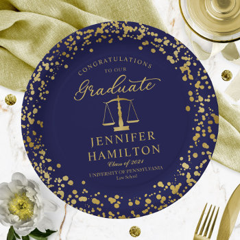 Elegant Gold Confetti Law School Graduation Blue Paper Plates by StampsbyMargherita at Zazzle