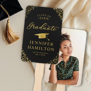 Elegant Gold Confetti On Black 1 Photo Graduation Hand Fan
