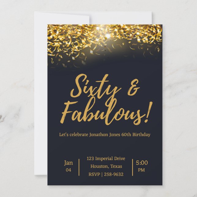 Elegant Gold Confetti on Black | 60th Birthday Invitation (Front)