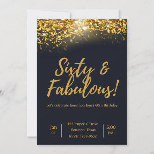 Elegant Gold Confetti on Black 60th Birthday Invitation