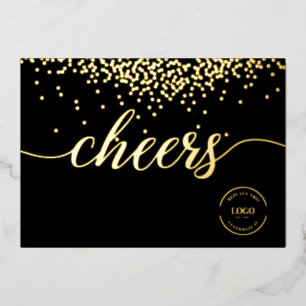 Elegant gold confetti on black Cheers logo Foil Holiday Card