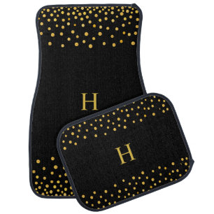 Elegant Gold Confetti on Black Monogrammed Car Floor Mat