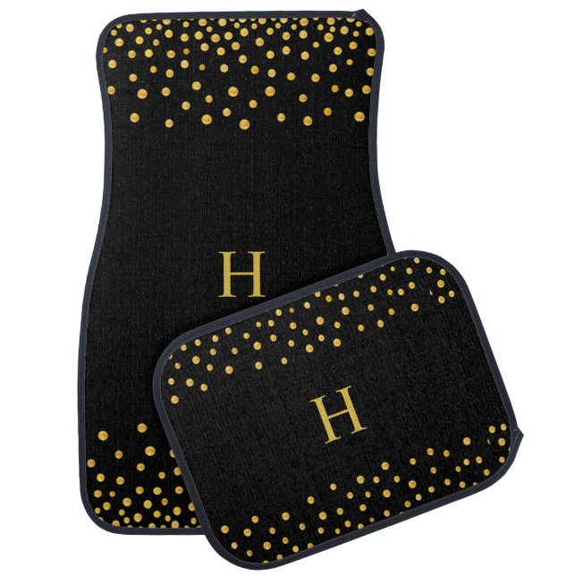 Elegant Gold Confetti on Black Monogrammed Car Floor Mat (Set)
