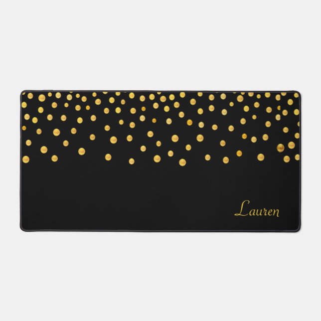 Elegant Gold Confetti on Black Personalized Desk Mat (Front)