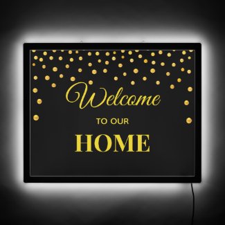Elegant Gold Confetti on Black Welcome Home