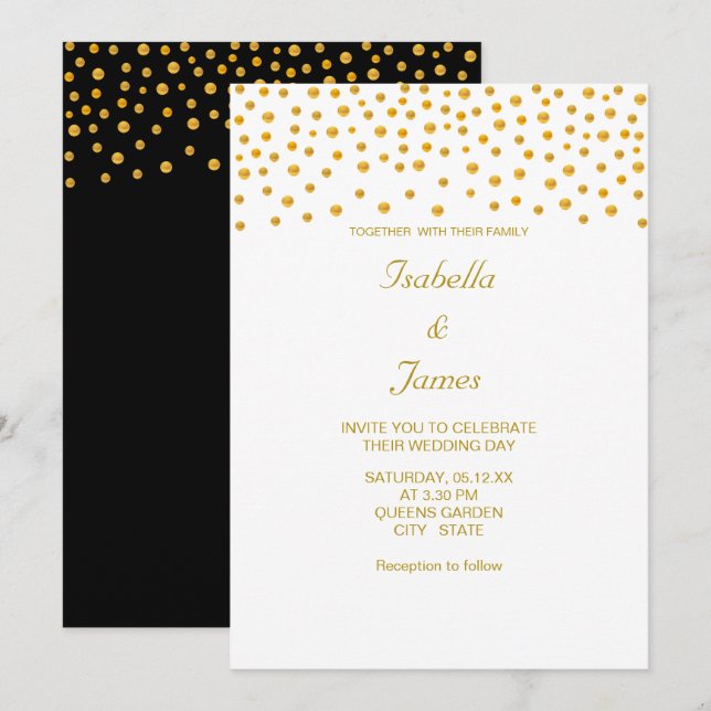 Elegant Gold Confetti on Black & White Invitation (Front/Back)