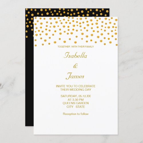 Elegant Gold Confetti on Black  White Invitation