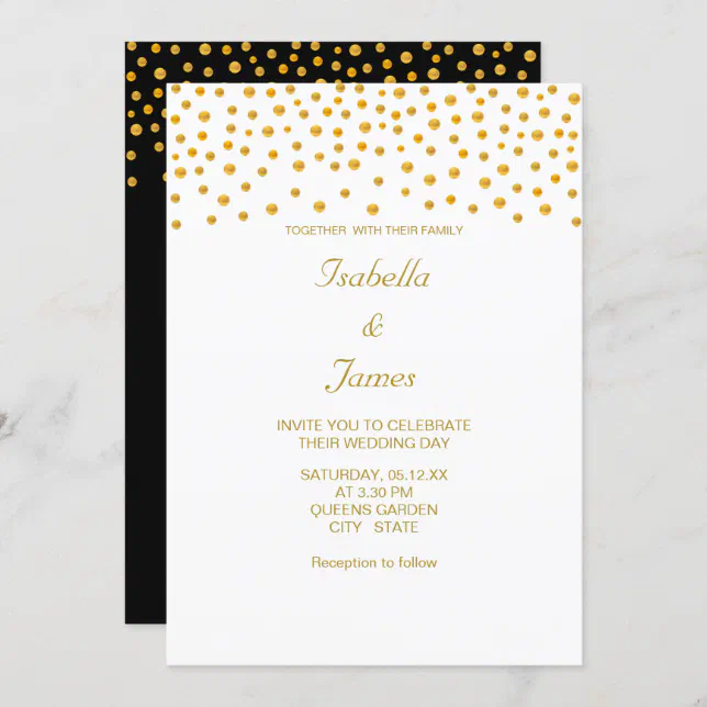 Elegant Gold Confetti on Black & White Invitation | Zazzle