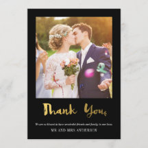 Elegant Gold Confetti Photo Thank You Card Black