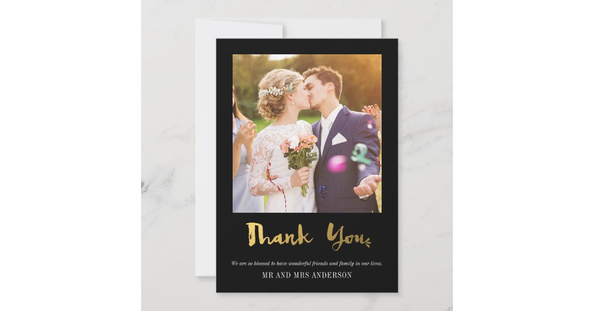 Elegant Gold Confetti Photo Thank You Card Black | Zazzle