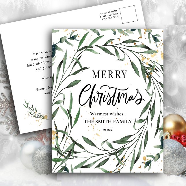 Elegant Gold Confetti Pine Foliage Greenery Script Holiday Postcard (Creator Uploaded)