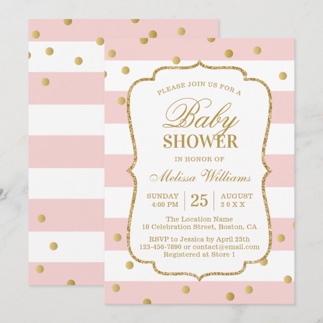 Elegant Gold Confetti Pink Stripes Baby Shower Invitation (Front/Back)