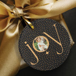 Elegant Gold Confetti Polka Dot Pattern Joy Photo  Ornament<br><div class="desc">A beautiful,  modern and elegant holiday ornament to display your family photo memories. Our design features a faux gold polka dot pattern against a black background,  with the word joy written in an elegant font. Display your photo inside the letter "O" in the word joy. Design by Moodthology Papery.</div>