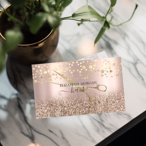 Elegant Gold Confetti Scissors Rose Gold Glitter Business Card