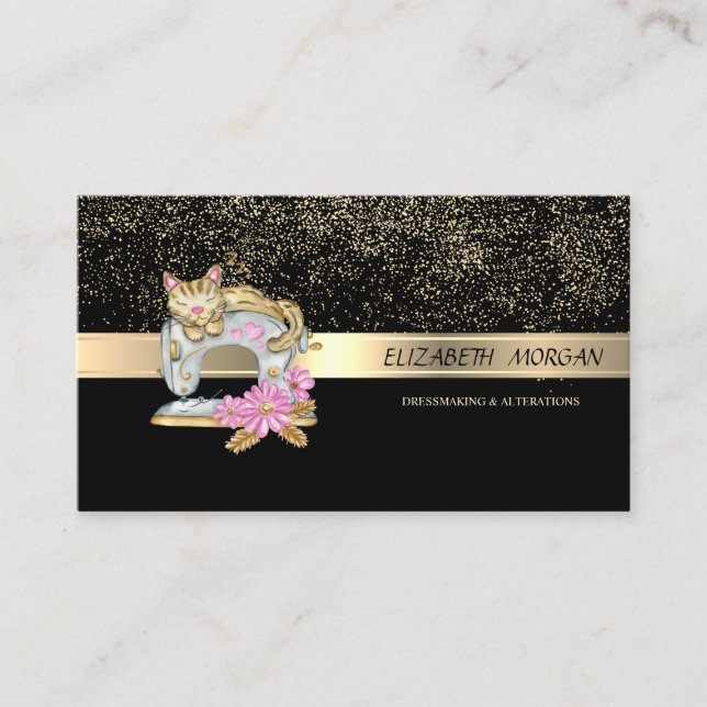 Elegant Gold Confetti,Sewing Machine Cat Business Card (Front)