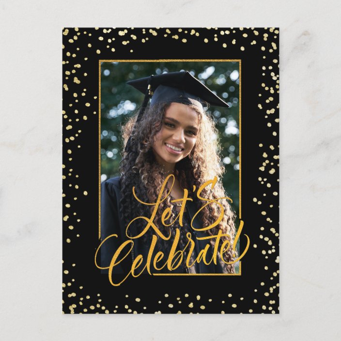 Elegant Gold Confetti Sparkling Graduation Photo Announcement Postcard ...