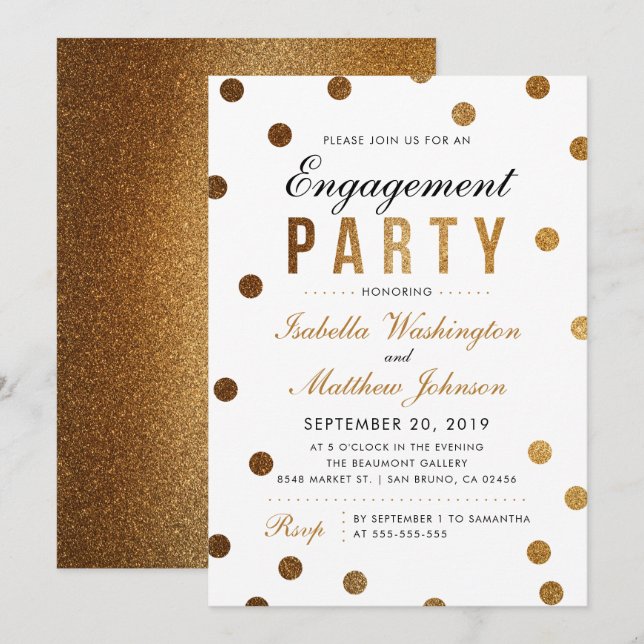 Elegant Gold Confetti & White Engagement Party Invitation (Front/Back)