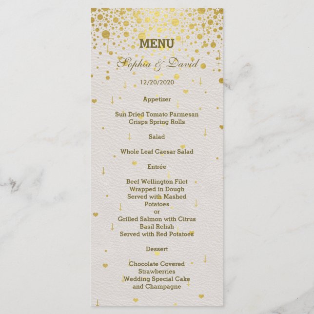 Elegant Gold Confetti White Leather Wedding Menu (Front)